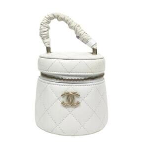 CHANEL Lambskin Quilted Ruched Handle Vanity Case White Gold HW COA